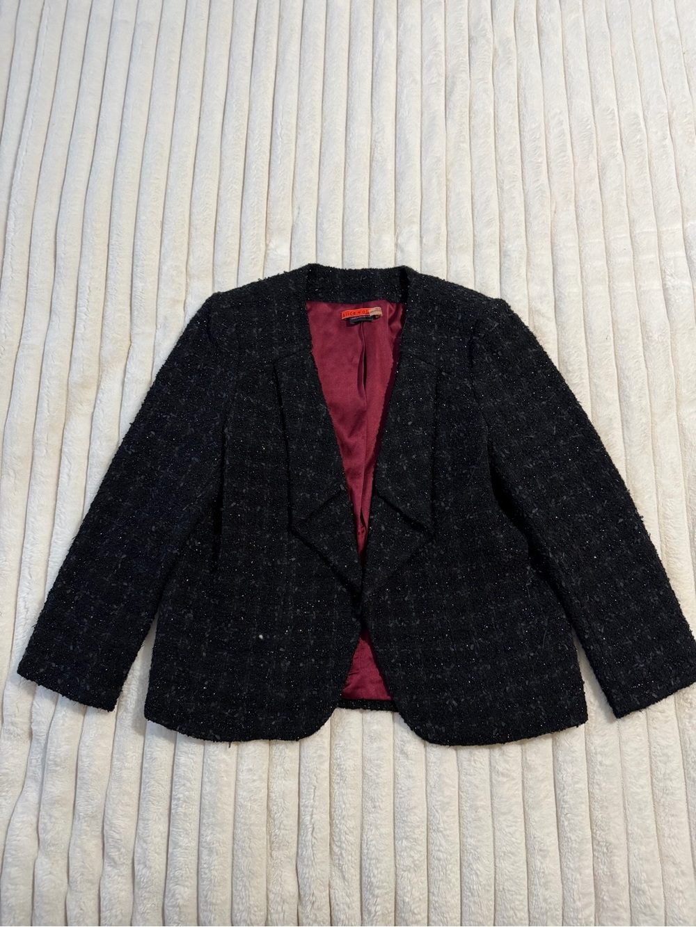 Alice + Olivia Black Tweed Blazer with Burgundy Lining